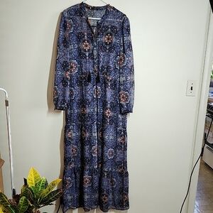 Bohemian Maxi Dress Floral Blue Semi Sheer Tie Waist Sundress